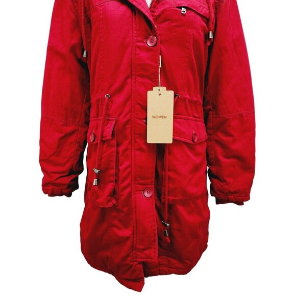 WenVen Jacket Womens Sherpa Lined Hooded Chore Coat Removable Fur Red Size M New - Picture 9 of 16